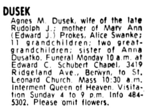Dusek, Agnes obit 12-9-1979 Chicago Tribune