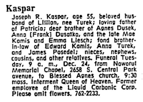 Kaspar, Joseph obit 12-22-1963